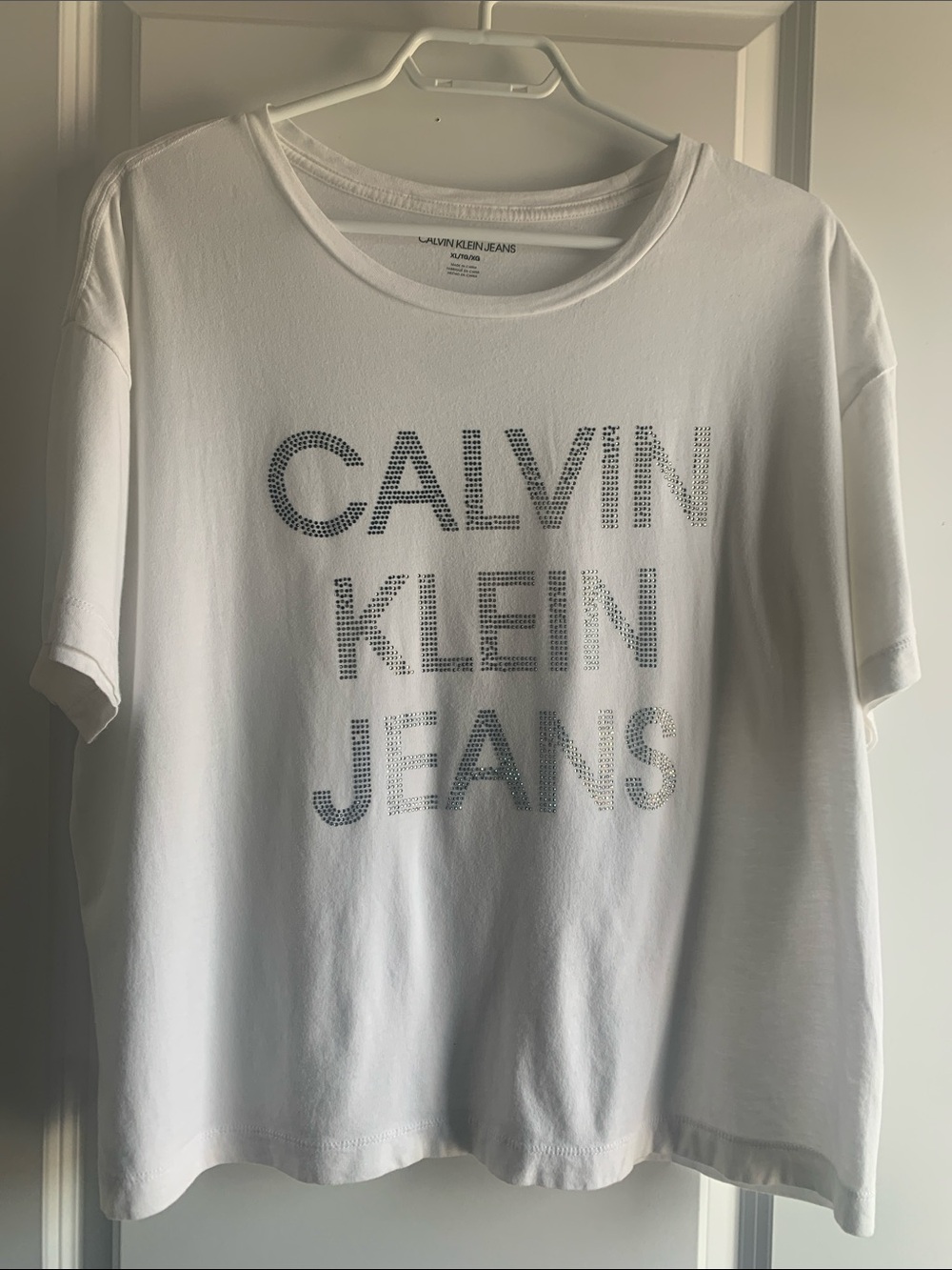 Calvin Klein Jeans Cropped White Tshirt with Rhinestone logo